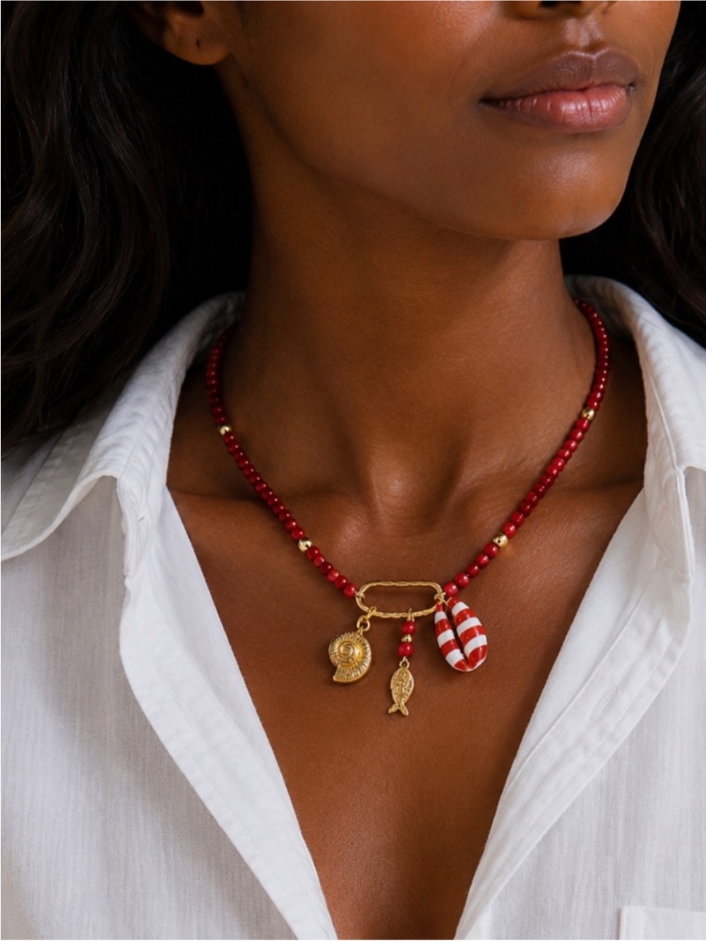 New! Red Beaded Carabiner Shell Fish Necklace NWOT 5049
